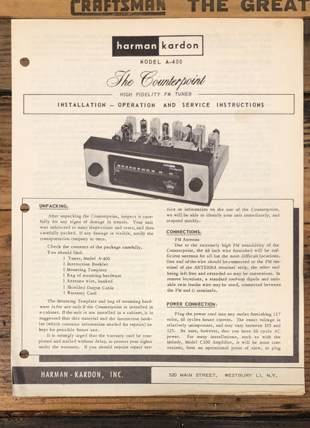 Harman Kardon A-400 The Counterpoint Tuner  Service Manual *Original*