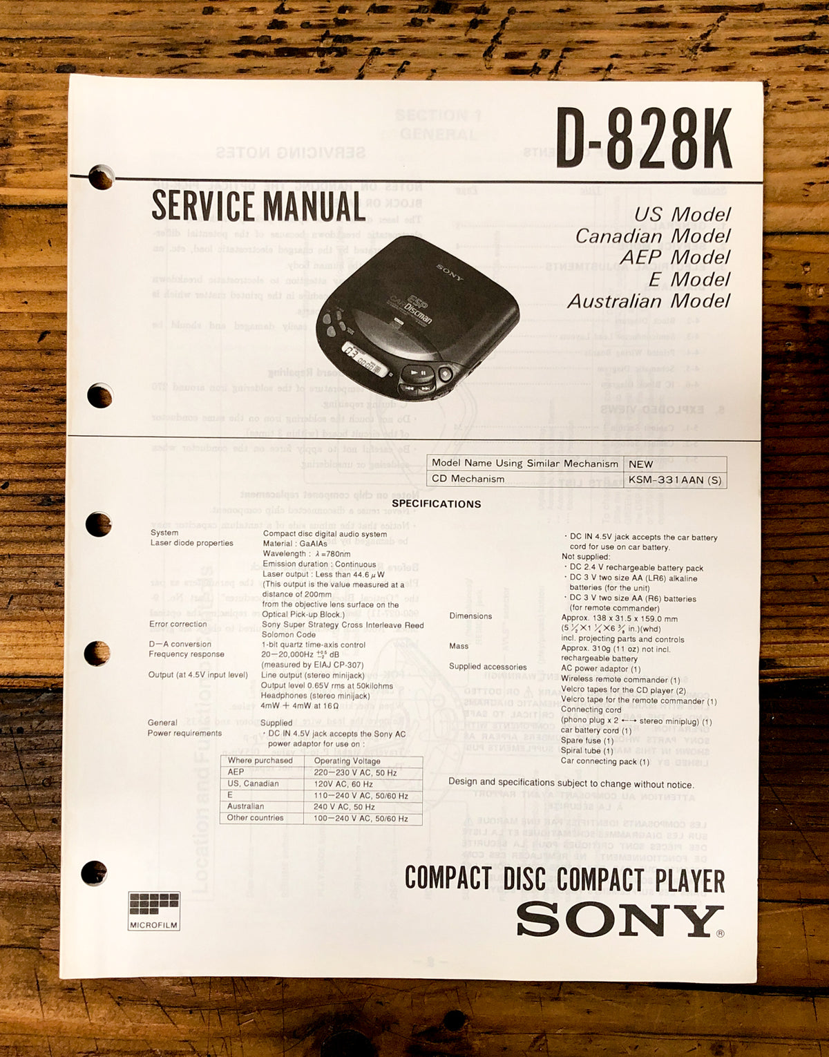 Sony D-828K CD Player / Discman  Service Manual *Original*