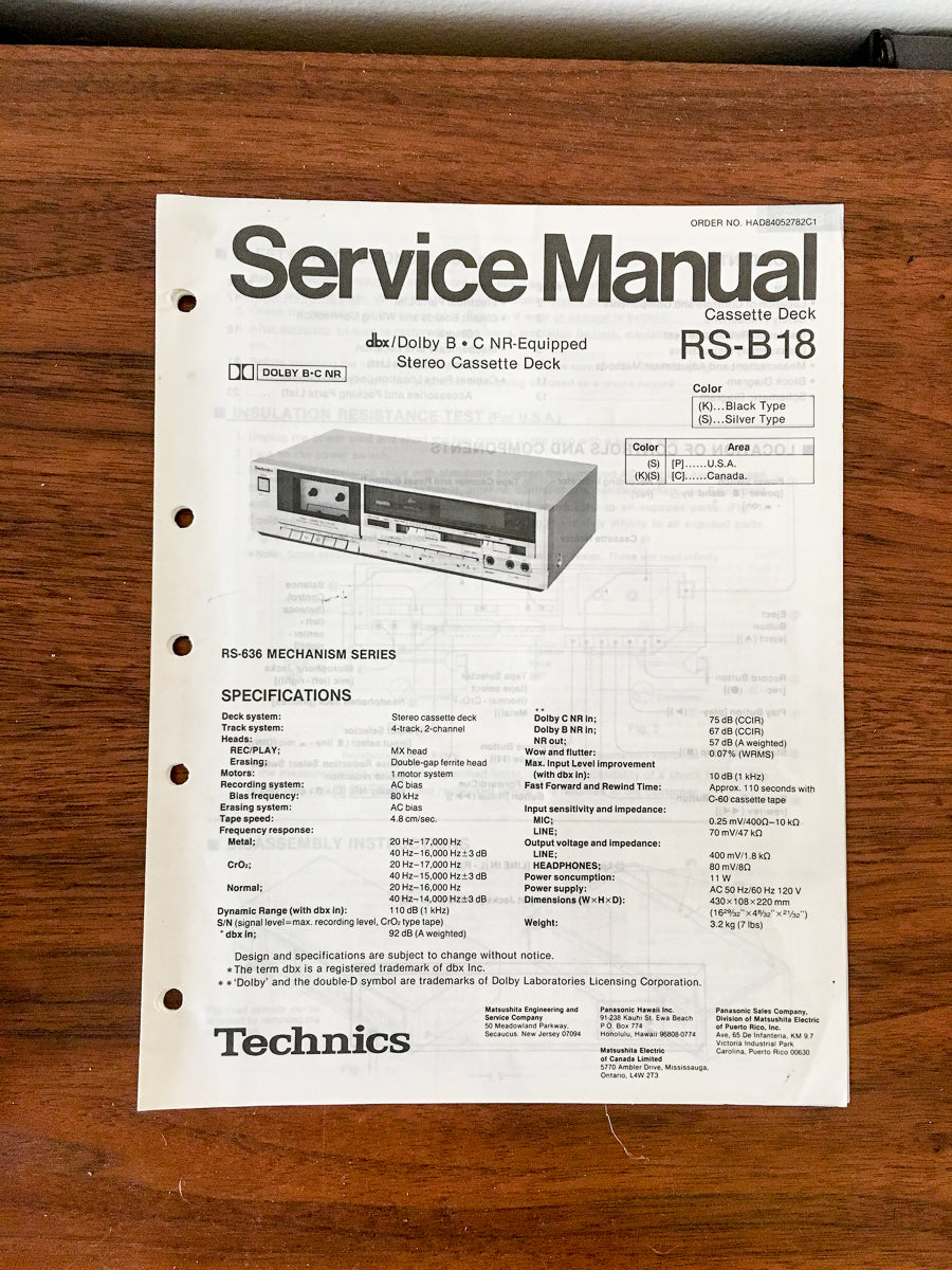 Technics RS-B18 Cassette Service Manual *Original*