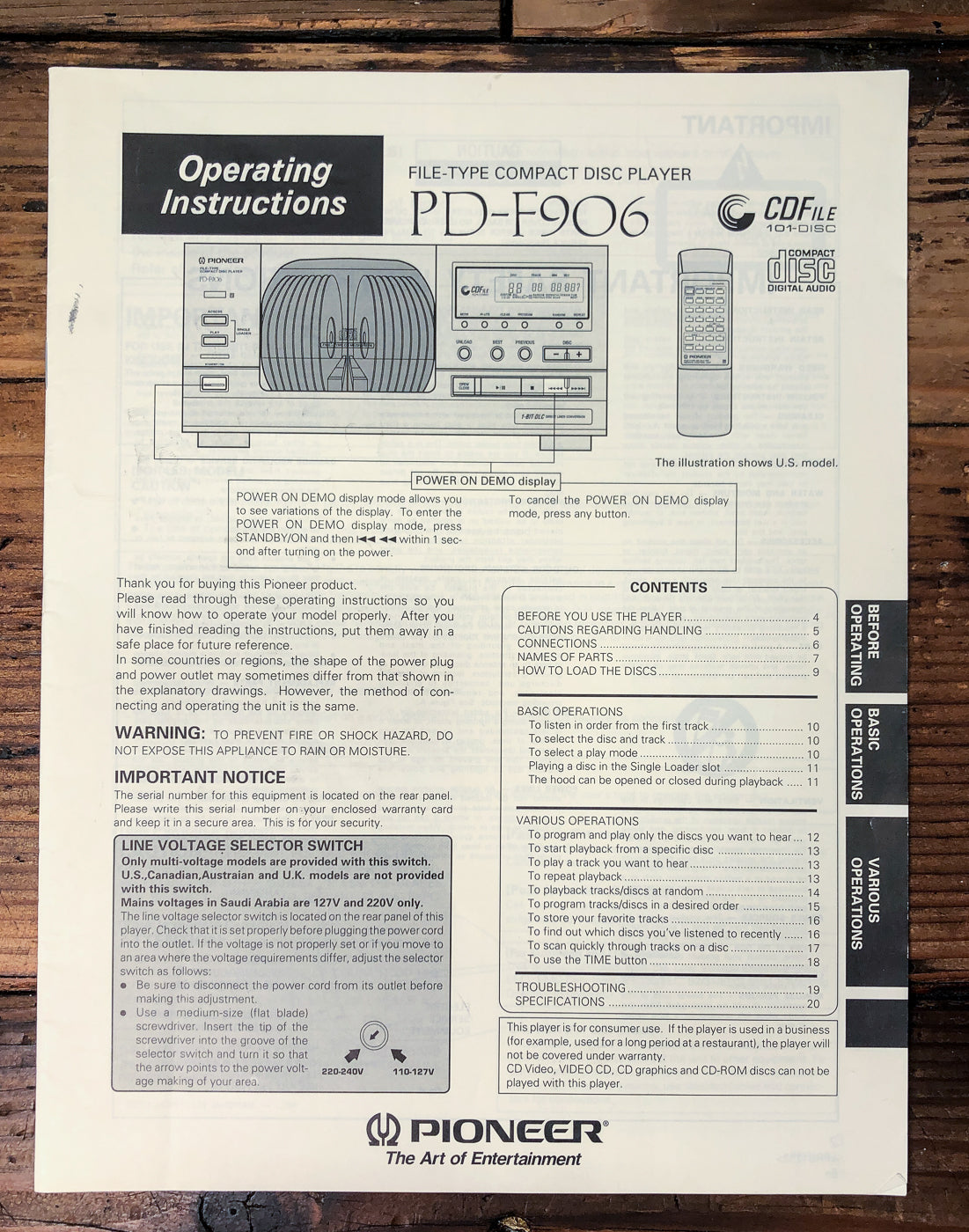 Pioneer PD-F906 CD Player Owners / User Manual *Original*