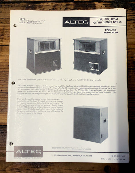 Altec Model 1218A 1219A 1219AX Speaker  Owners Manual & Schematic *Orig*