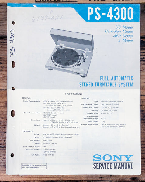 Sony PS-4300 Record Player / Turntable Service Manual *Original*