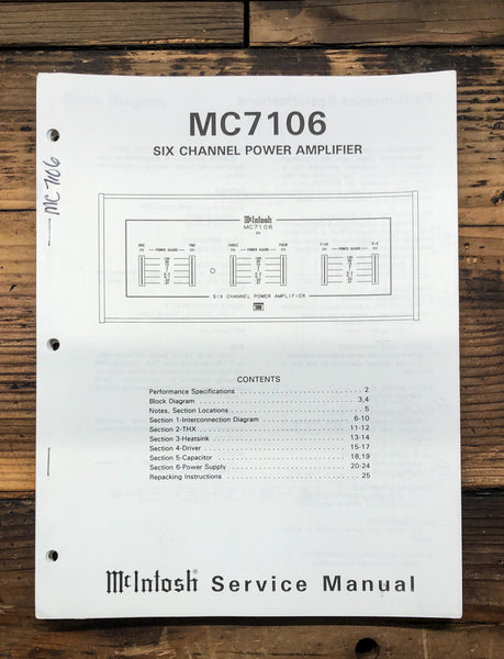 McIntosh MC7106 MC-7106 Amplifier  Service Manual *Original*