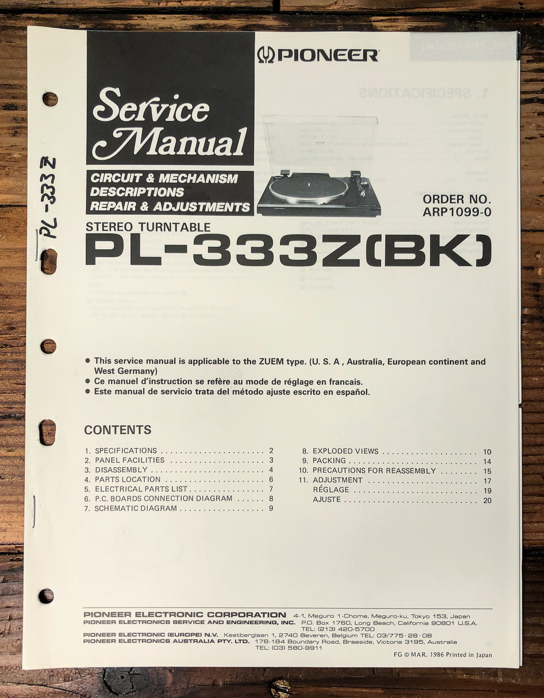 Pioneer PL-333Z Turntable Service Manual *Original*