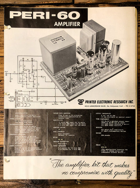 Printed Electronic Research Peri-60 Tube Amplifier 3pg Brochure  *Original*