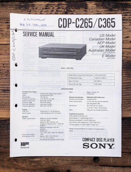 Sony CDP-C265 CDP-C365 CD Player  Service Manual *Original*