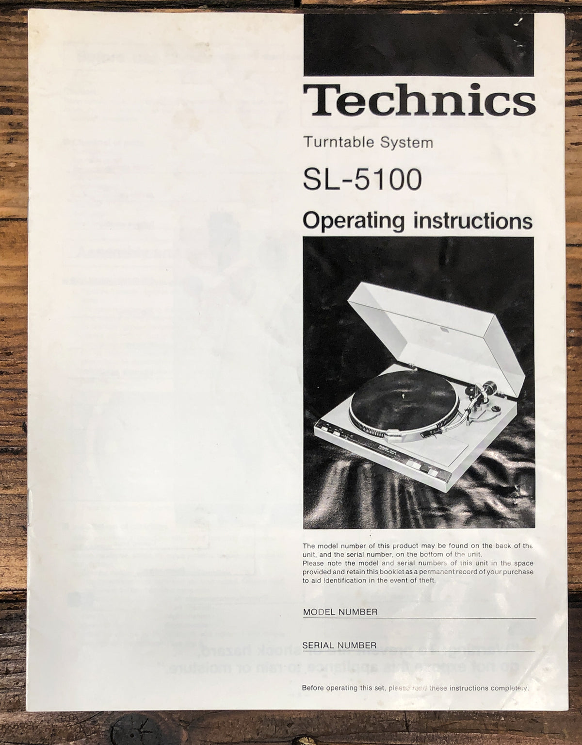 Technics SL-5100 Record Player / Turntable Owners / User Manual *Original*