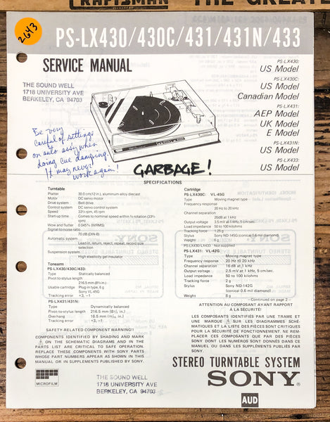 Sony PS-LX430 -430C -431 -431N -433 Turntable  Service Manual *Original*