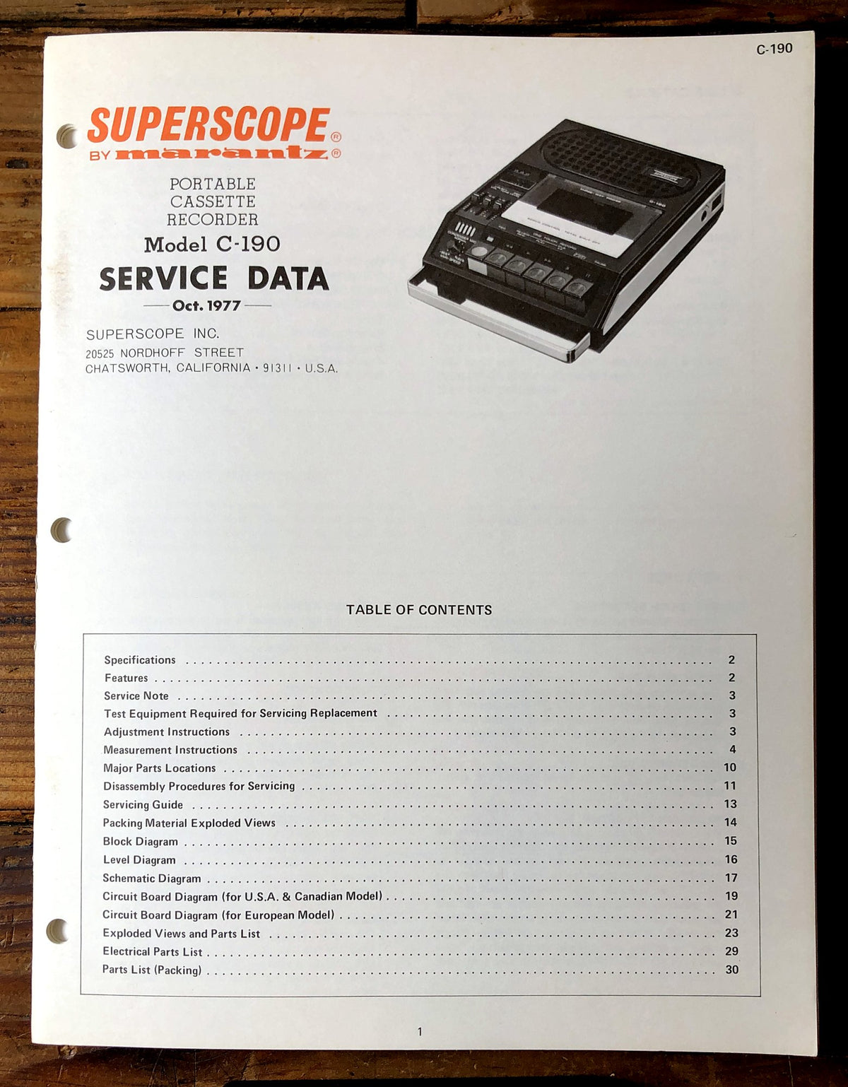 Superscope C-190 Portable Cassette Recorder Service Manual *Original*
