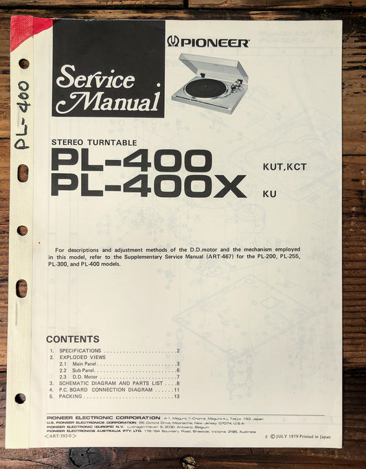 Pioneer PL-400 PL-400X Turntable Service Manual *Original*