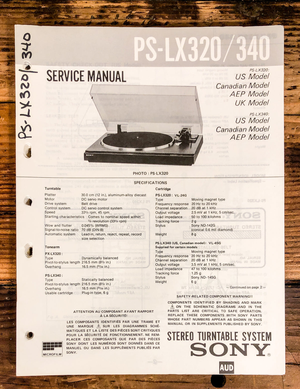 Sony PS-LX310 PS-LX340 Record Player / Turntable  Service Manual *Original*