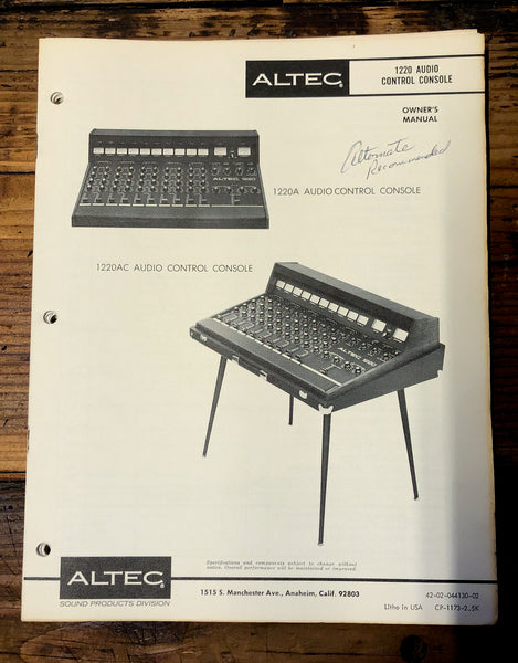 Altec Model 1220 Console  Owners Manual & Schematic *Orig*