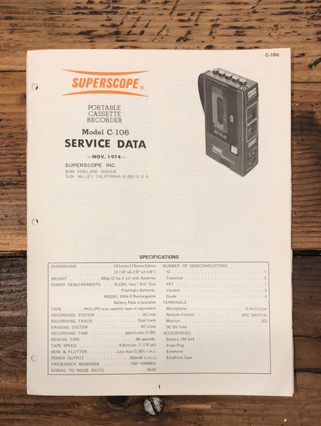 Superscope C-106 Cassette Recorder  Service Manual *Original*