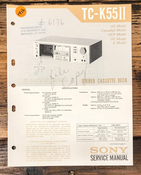 Sony TC-K55 MK2 Cassette Service Manual *Original*