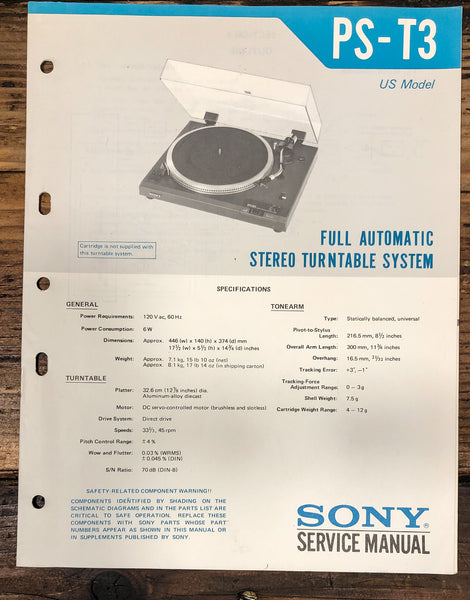 Sony PS-T3 Record Player / Turntable Service Manual *Original*