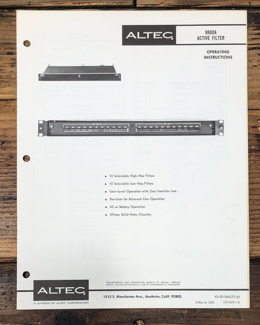 Altec Model 9880A Active Filter Owners / User Manual *Original*