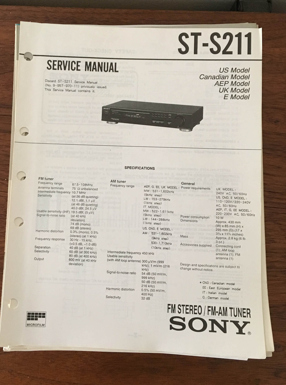 Sony ST-S211 Tuner Service Manual *Original*