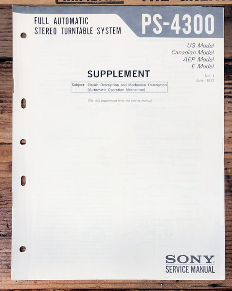 Sony PS-4300 Record Player / Turntable Supp. Service Manual *Original*