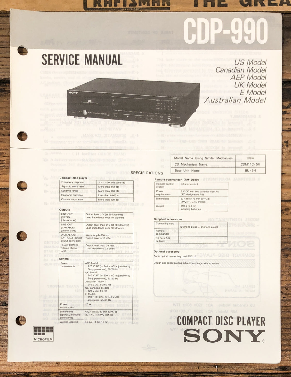 Sony CDP-990 CD Player  Service Manual *Original*