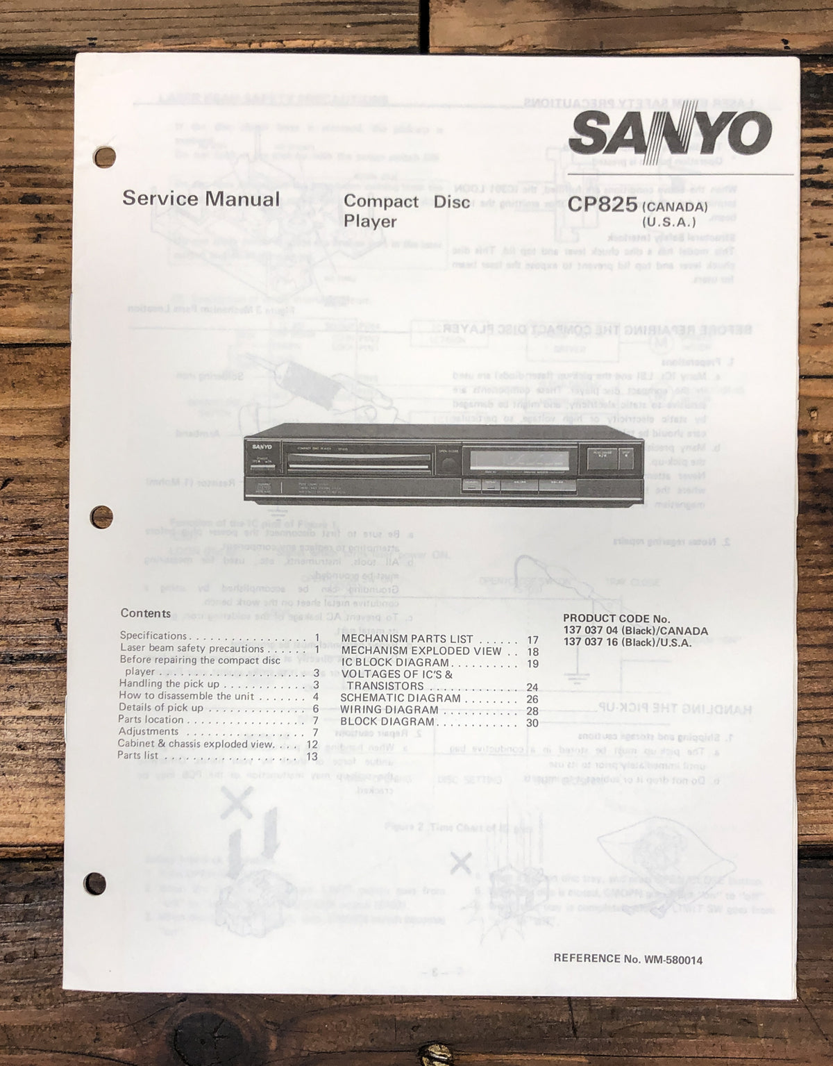 Sanyo CP-825 CP-825 CD Player Service Manual *Original*