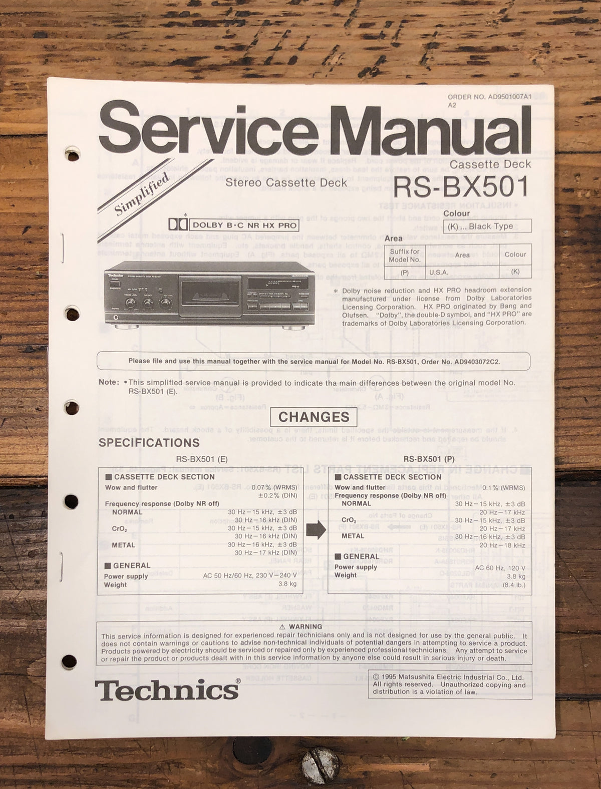 Technics RS-BX501 Cassette Service Manual *Original*