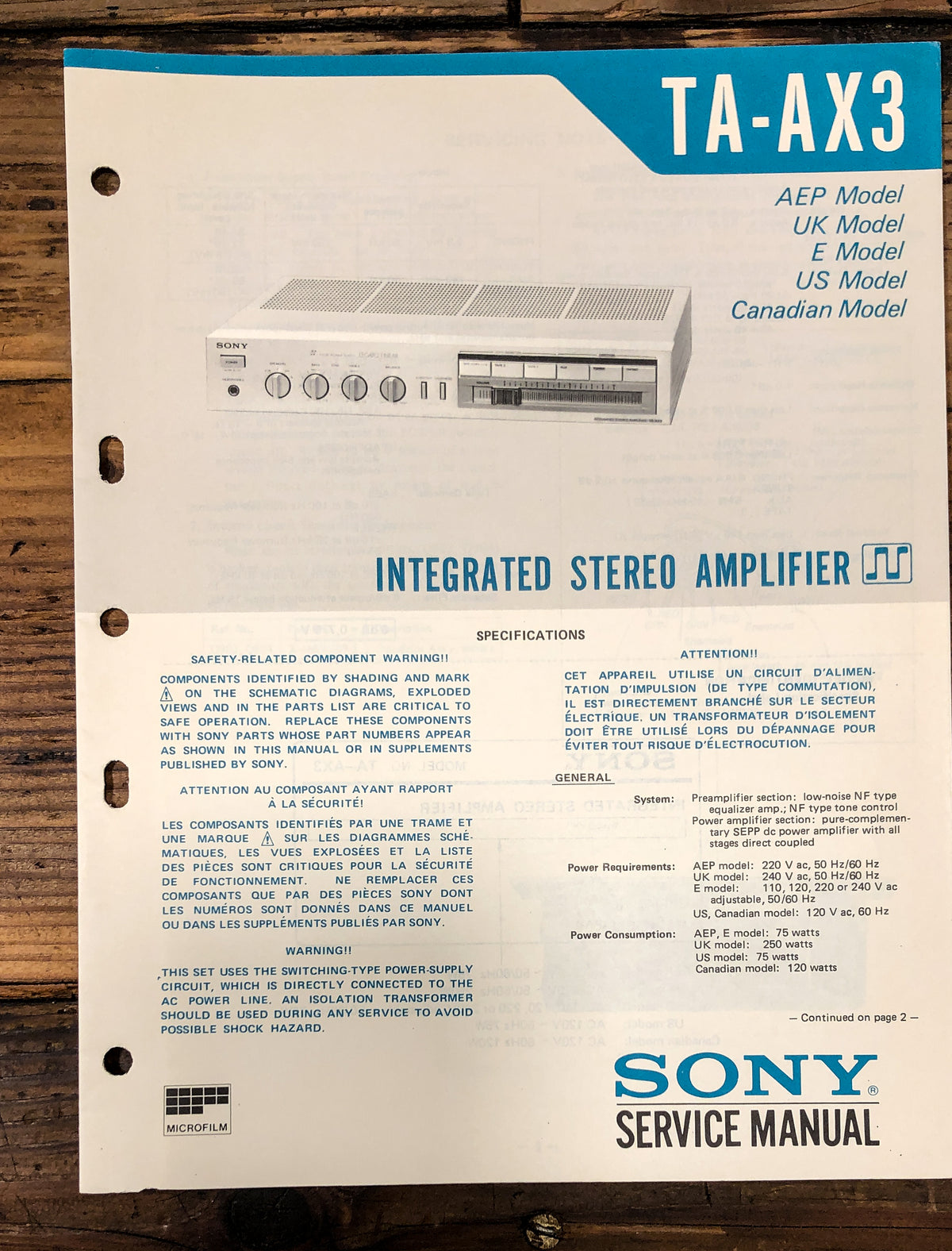 Sony TA-AX3 Amplifier Service Manual *Original*