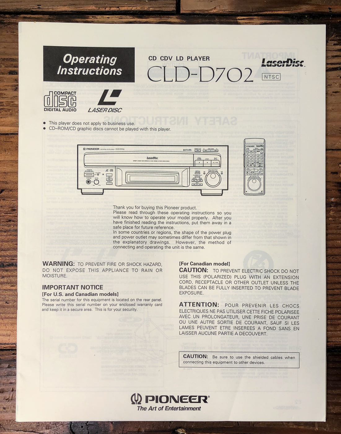 Pioneer CLD-D702 CD CDV LD Player Owners / User Manual *Original*
