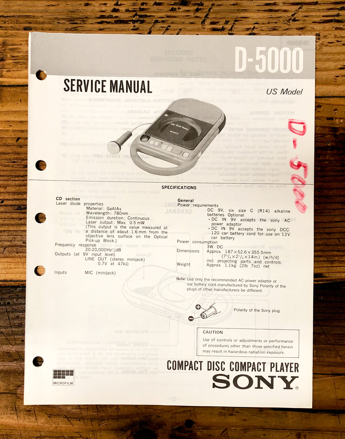 Sony D-5000 CD Player / Discman  Service Manual *Original*