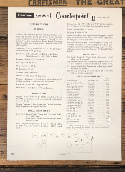 Harman Kardon Model FM-100 Counterpoint II Tuner  Service Manual *Original*