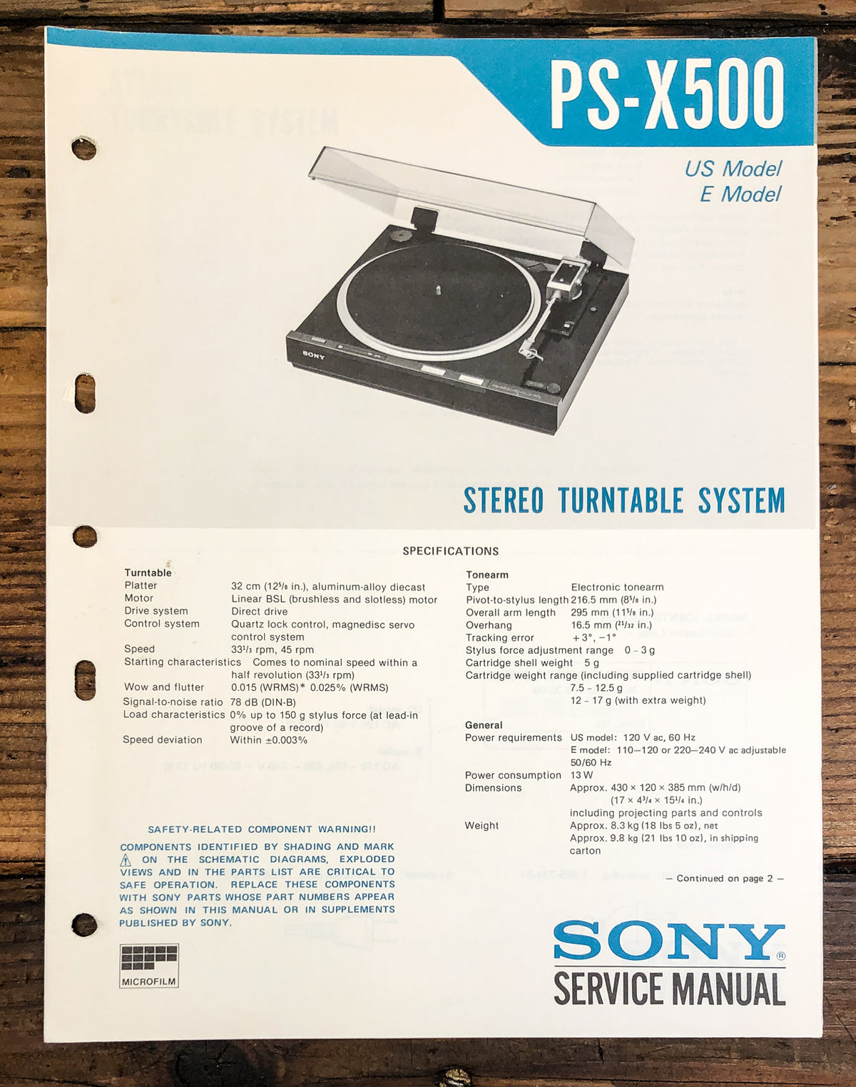 Sony PS-X500 Record Player / Turntable Service Manual *Original*