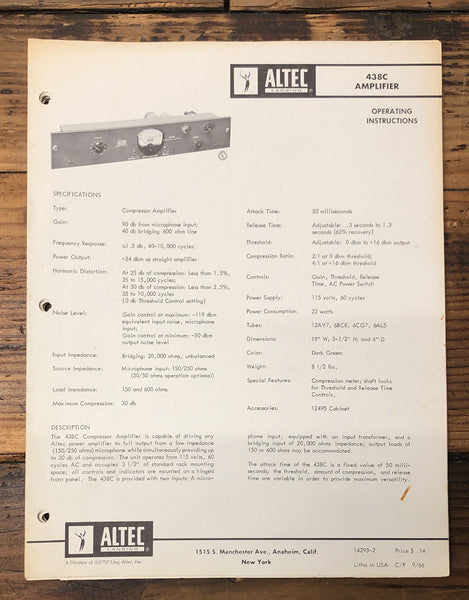 Altec Model 438C Amplifier  Service Manual *Original*