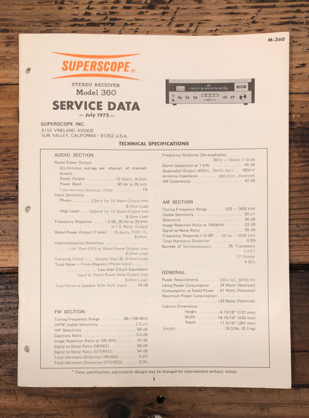 Superscope Model 360 Receiver  Service Manual *Original*