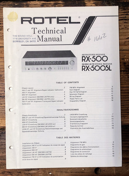 Rotel  RX-500 RX-500SL Receiver  Service Manual *Original*