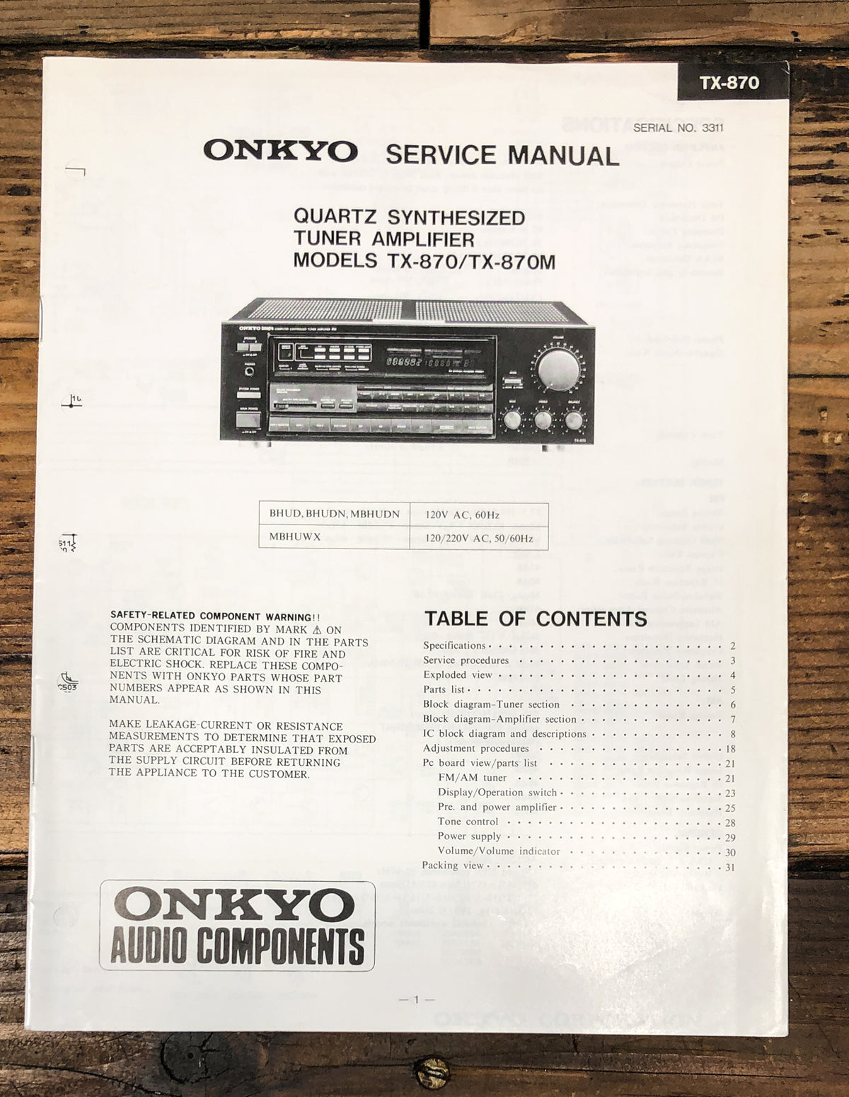 Onkyo TX-870 TX-870M Receiver Service Manual *Original*