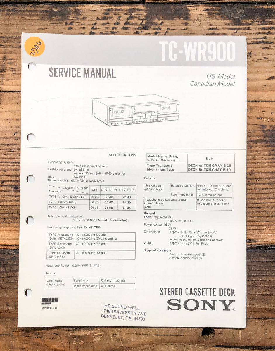 Sony TC-WR900 Cassette  Service Manual *Original*