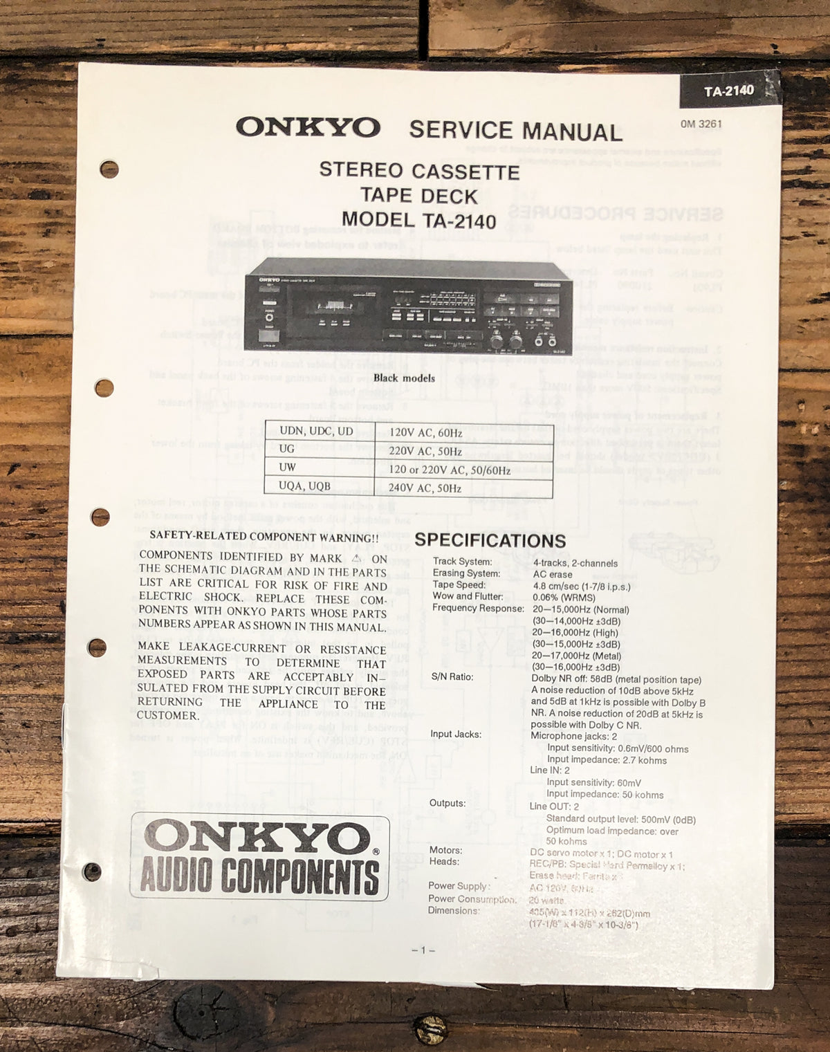 Onkyo TA-2140 Cassette Service Manual *Original*