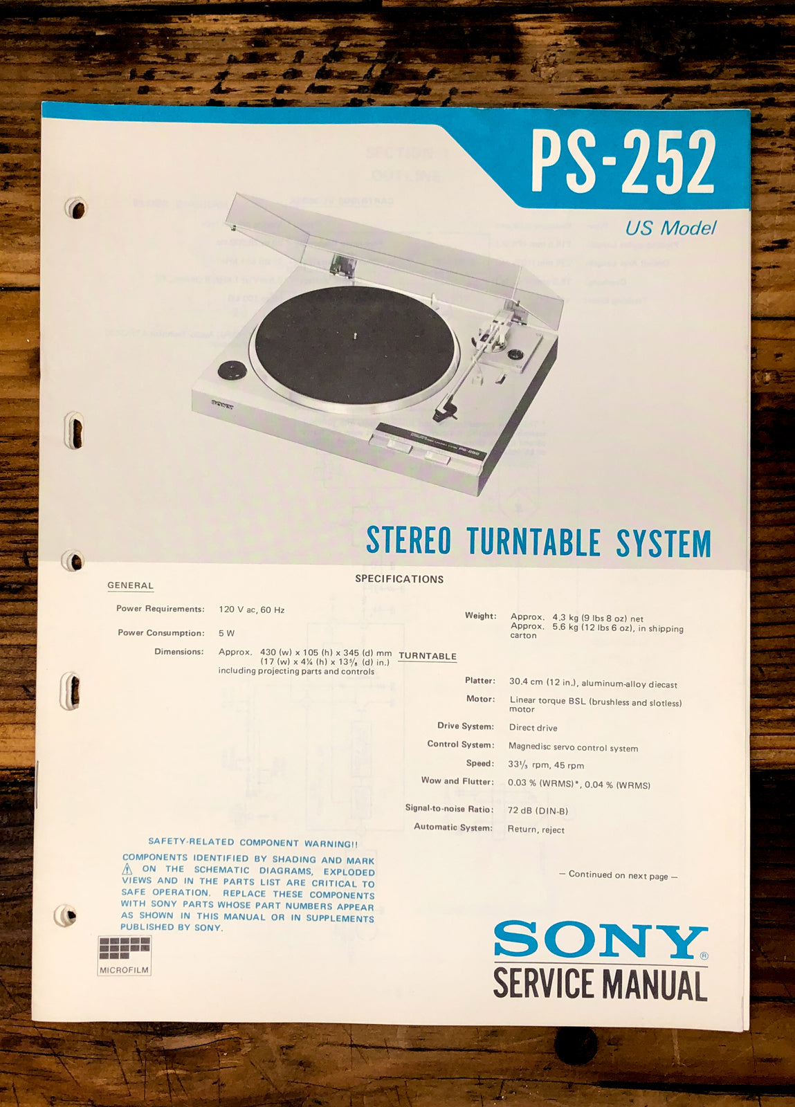 Sony PS-252 Record Player / Turntable  Service Manual *Original* #1