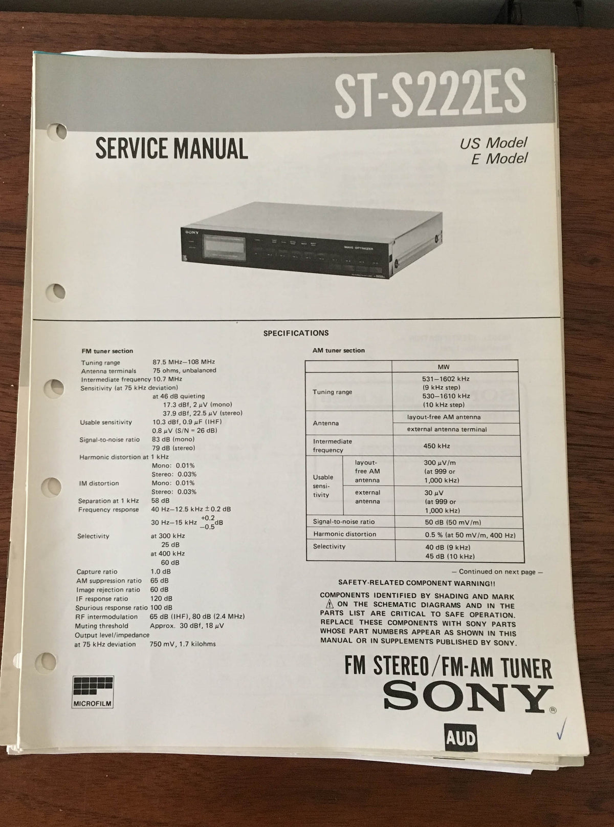 Sony ST-S222ES Tuner Service Manual *Original*