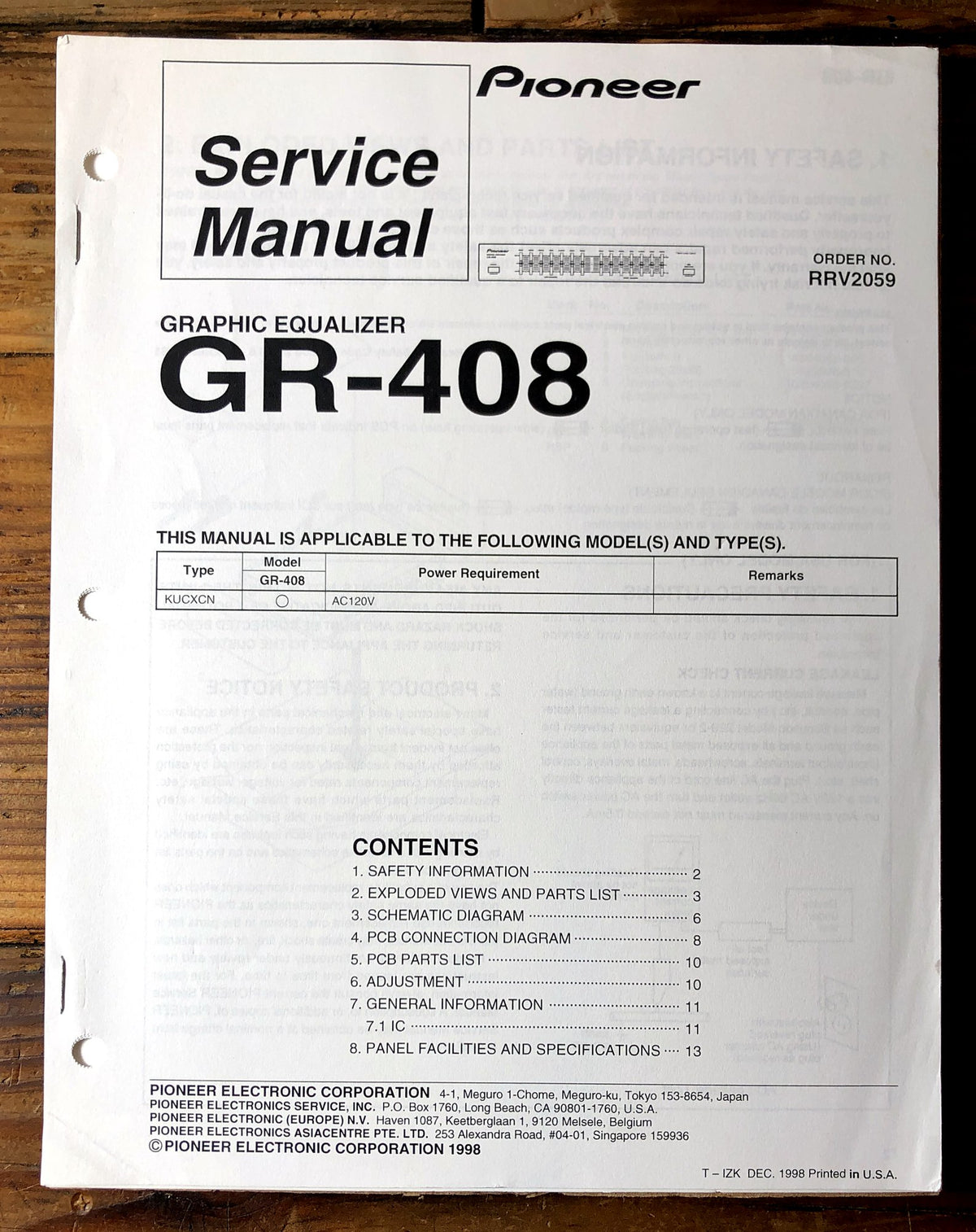 Pioneer GR-408 Graphic Equalizer Service Manual *Original*
