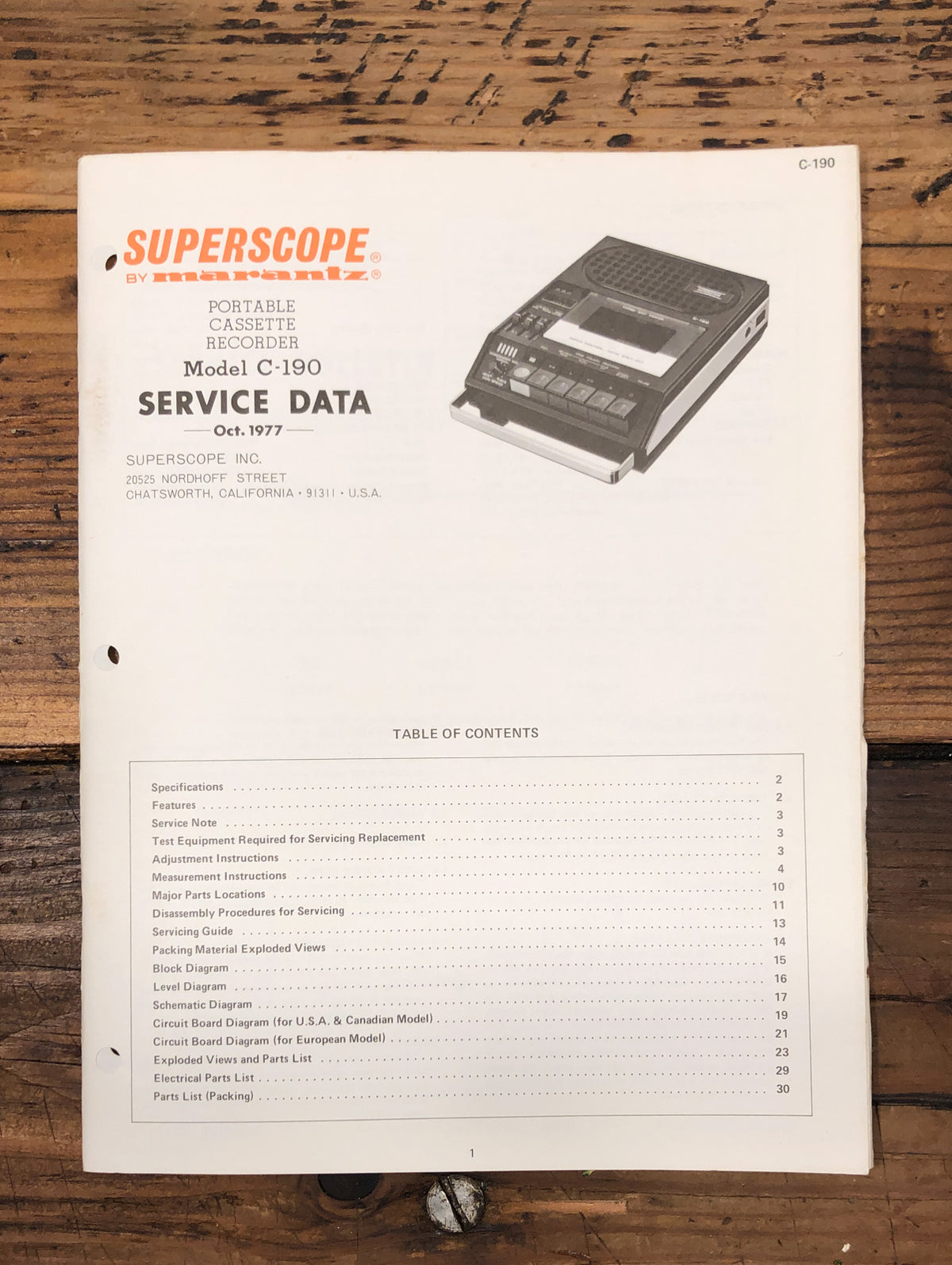 Superscope C-190 Cassette Recorder  Service Manual *Original*