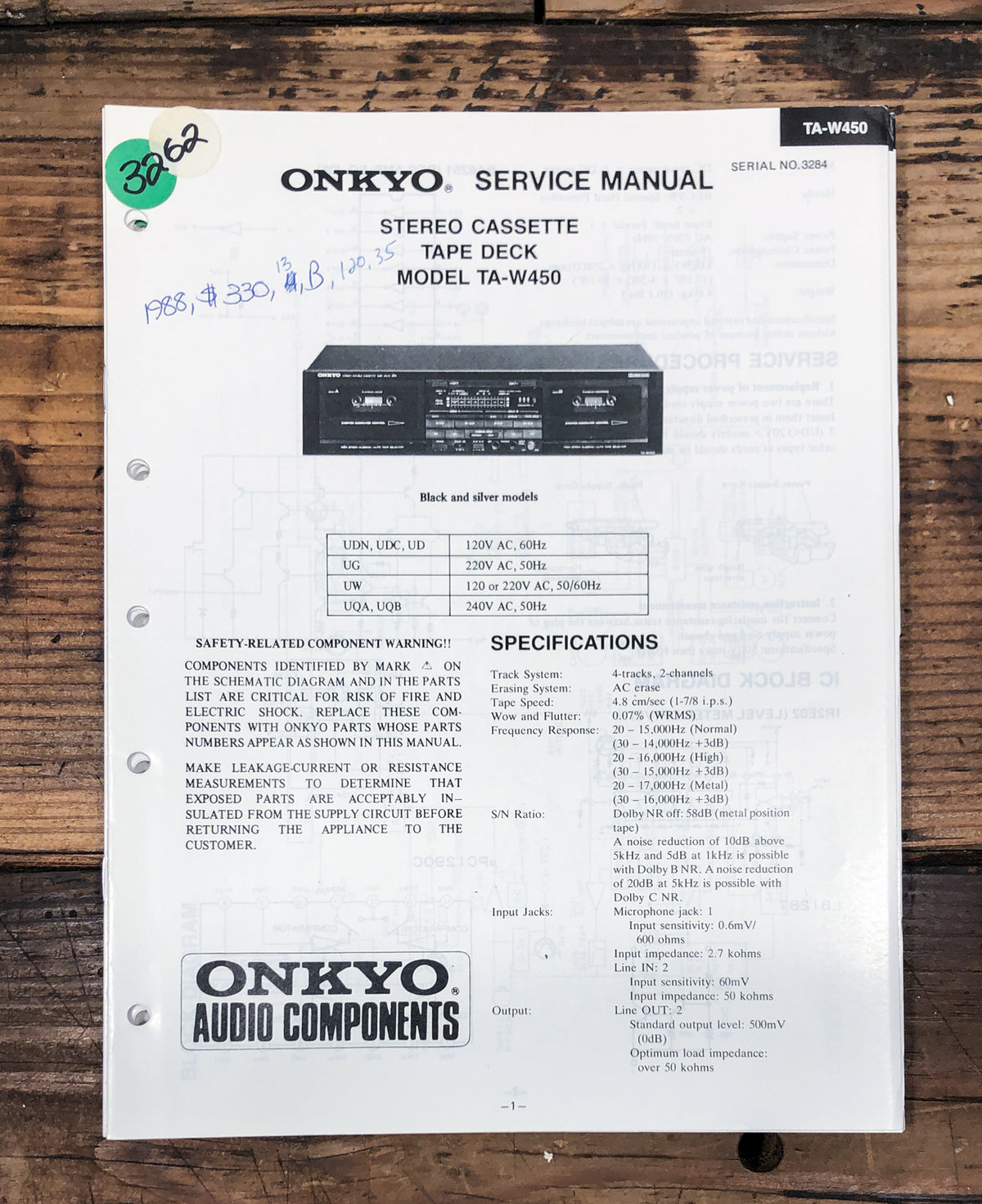 Onkyo TA-W450 Cassette  Service Manual *Original*