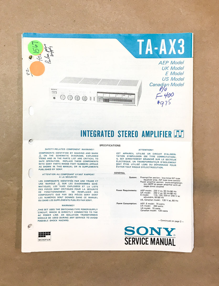 Sony TA-AX3 Amplifier  Service Manual *Original*