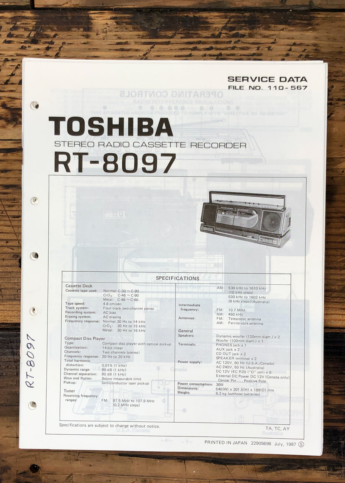 Toshiba RT-8097 Stereo Service Manual *Original*
