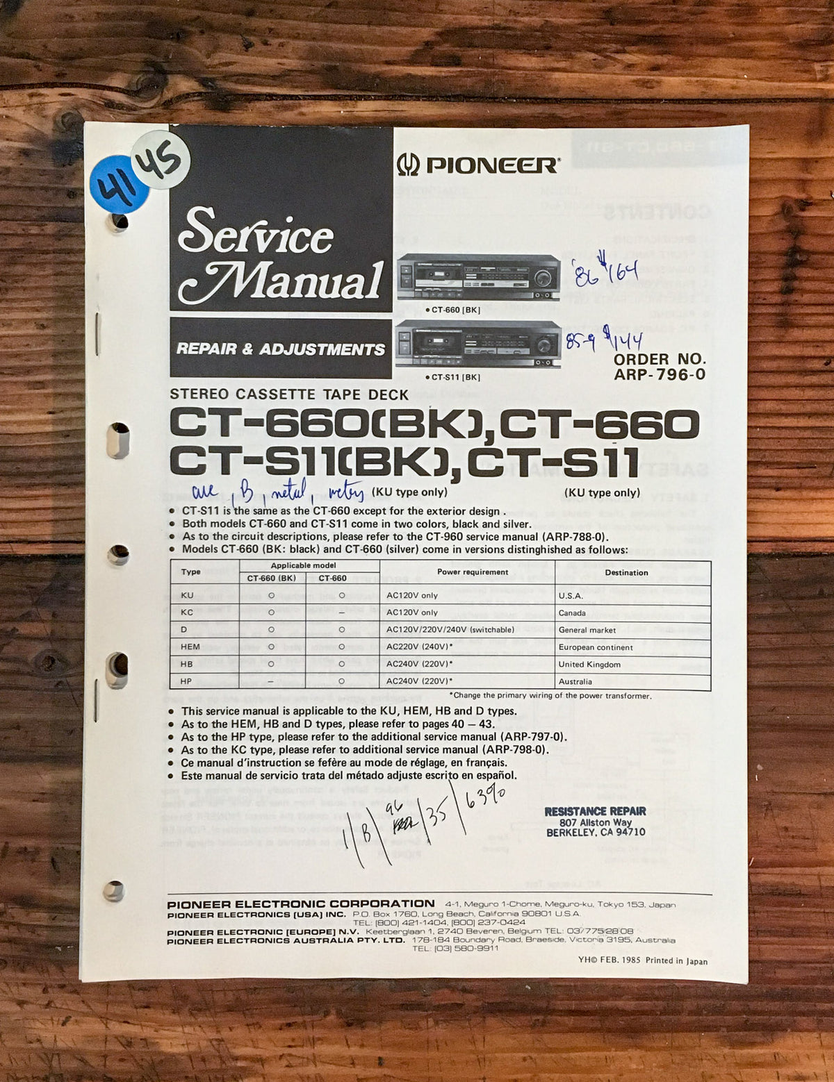 Pioneer CT-660 CT-S11 Cassette  Service Manual *Original*