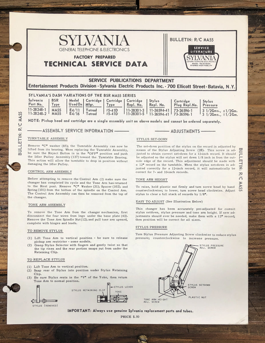 Sylvania / BSR R/C Model MA55 Record Changer Service Manual *Original*