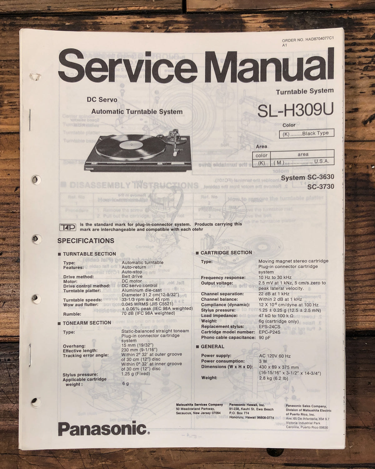 Technics / Panasonic SL-H309 SL-H309U Turntable  Service Manual *Original*