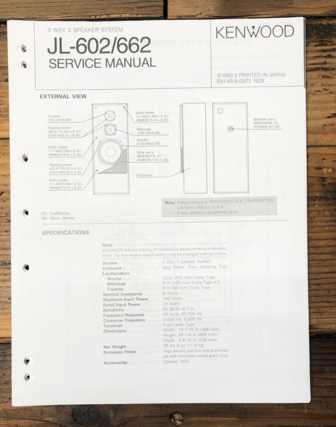 Kenwood JL-602 JL-662 Speaker  Service Manual *Original*