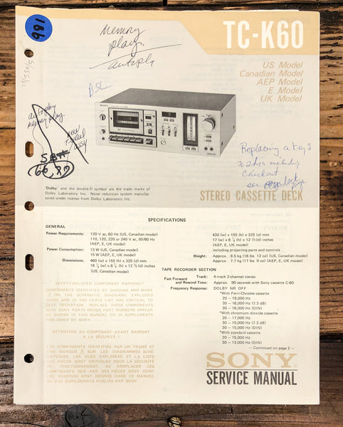 Sony TC-K60 Cassette Service Manual *Original*
