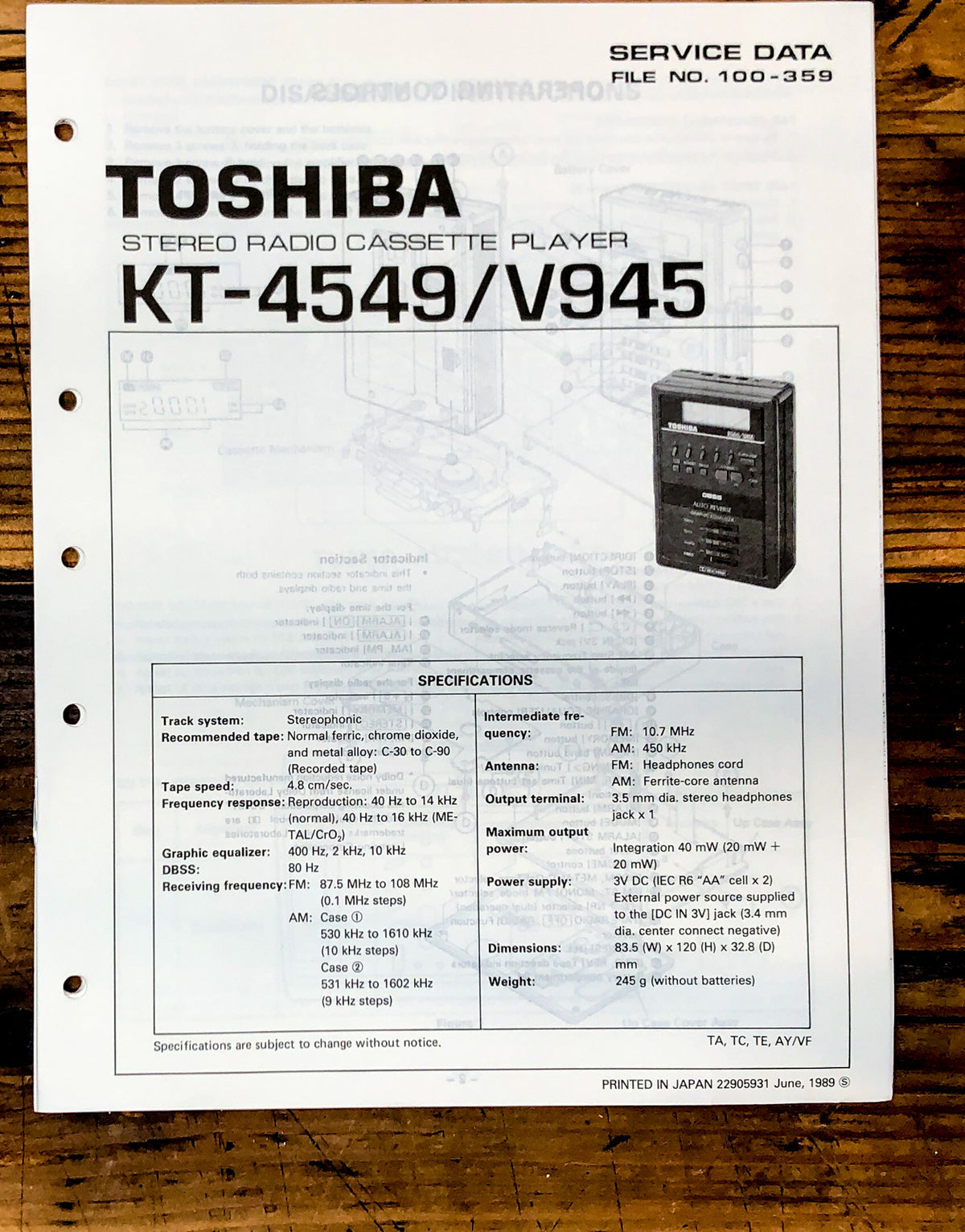 Toshiba Model KT-4549 KT-V945 Cassette Service Manual *Original*