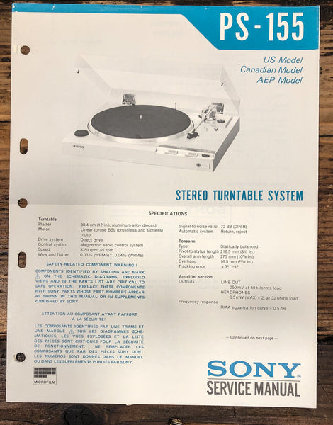Sony PS-155 Record Player / Turntable Service Manual *Original*
